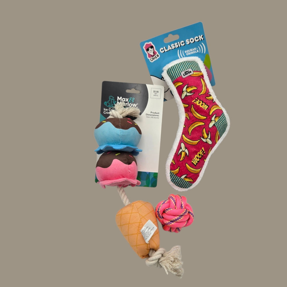 NWT Furbaby Toy Package Ice Cream Plush Rope Knot Ball Crackle Sock